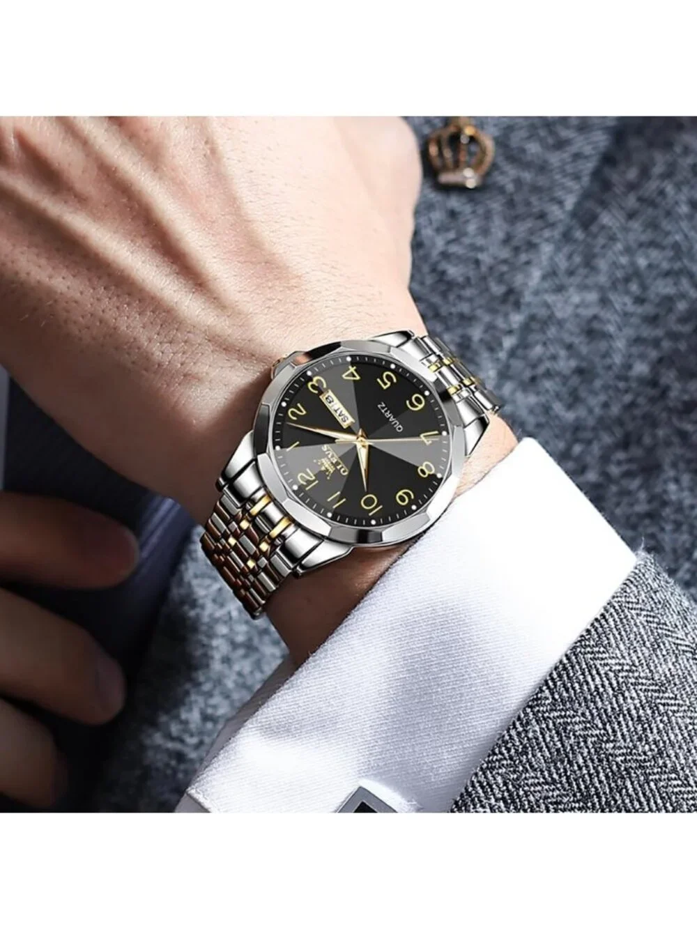 Men's Silver Black Analog Simple Business Stainless Waterproof Luminous Watch